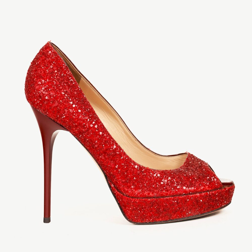 Jimmy Choo Crown Red Coarse Glitter Platform Pumps